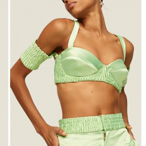 Aliette Green Silk Bralette‎ Smocked Top Sweetheart Neon Green Party Club Sexy - Picture 2 of 6